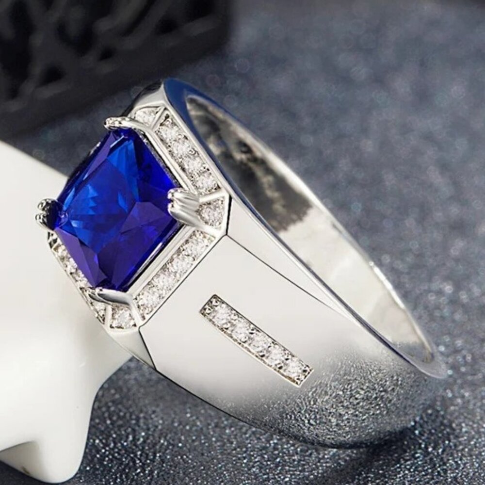 🆕 Men's Micro Pave 3.00ctw. Sapphire and   Diamond Ring 18K White Gold Pltd 🆕 - Picture 4 of 7